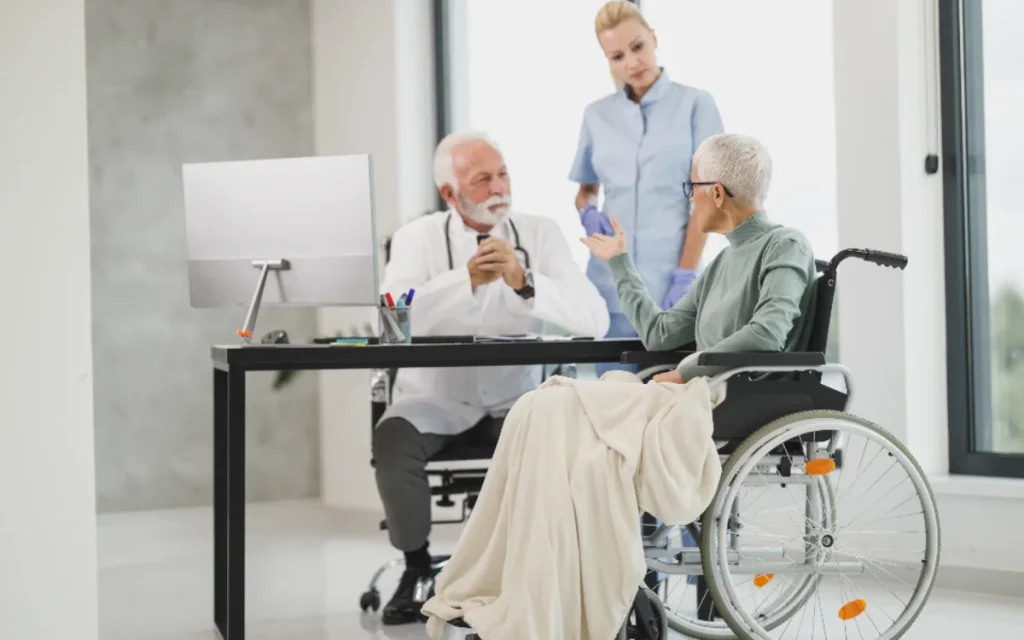 Doctor and patient wearing masks in consultation