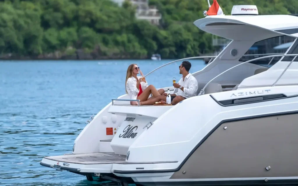A charter yacht at anchor